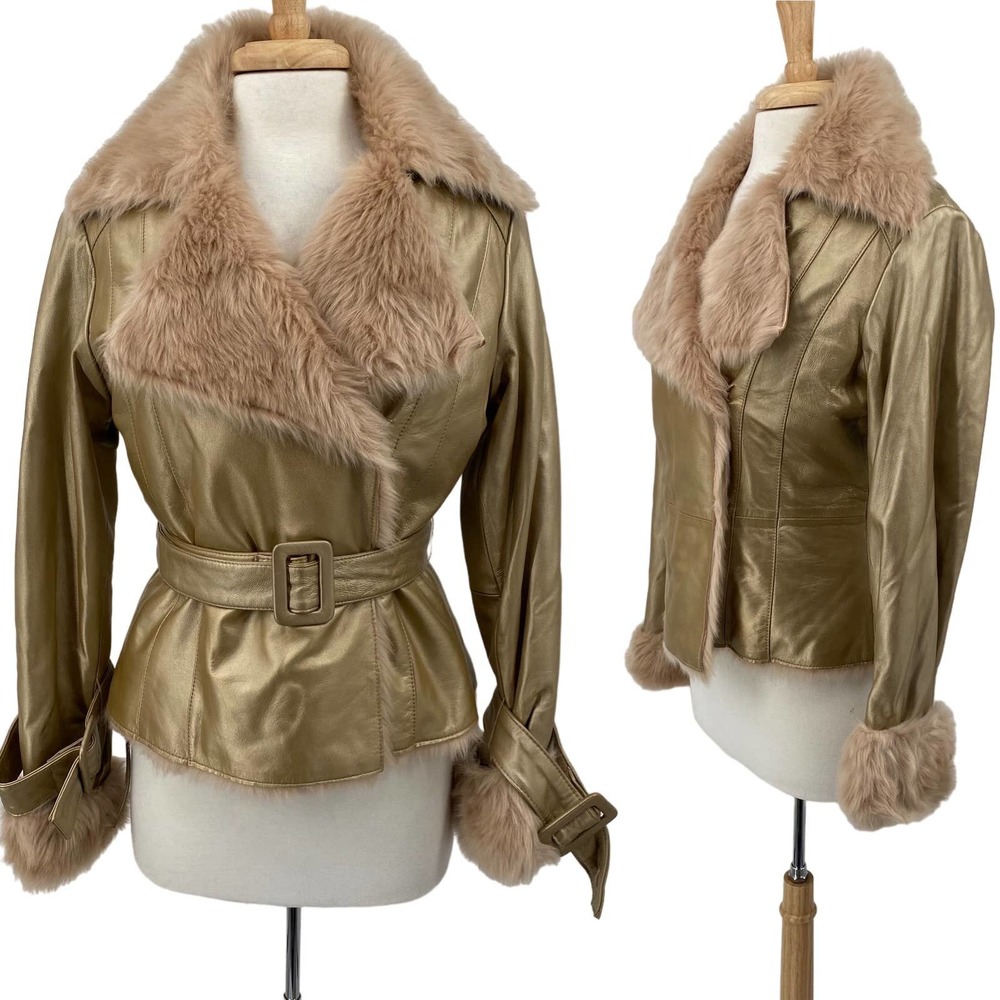 Y2k INC International Concepts Gold Leather Jacket Faux Fur Lining Trim Womens M